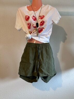 J. Crew Olive Green Drawstring Linen-Blend Shorts +  white shirt
